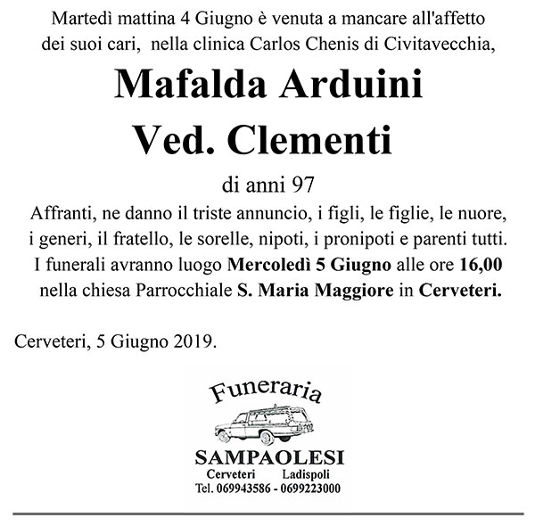 MAFALDA ARDUINI Ved. CLEMENTI di anni 97