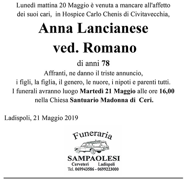 ANNA LANCIANESE Ved. ROMANO di anni 78