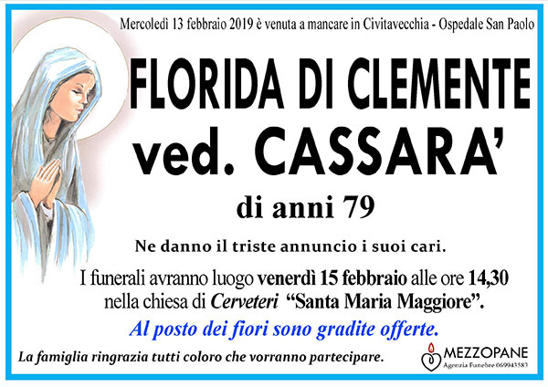 FLORIDA DI CLEMENTE Ved. CASSAR&Aacute; di anni 79