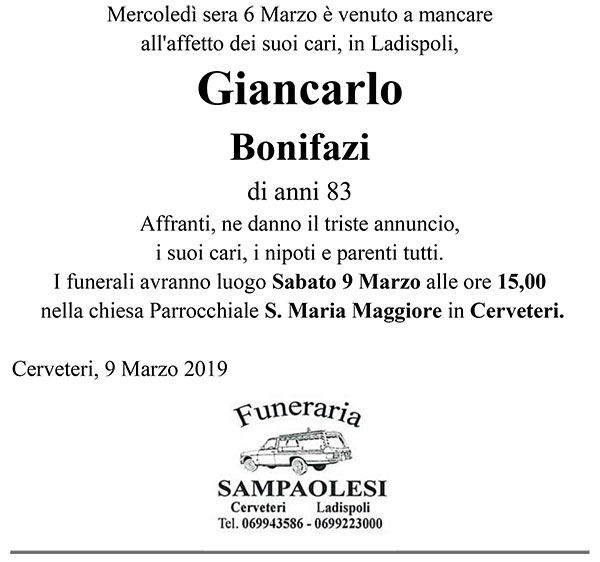 GIANCARLO BONIFAZI di anni 83