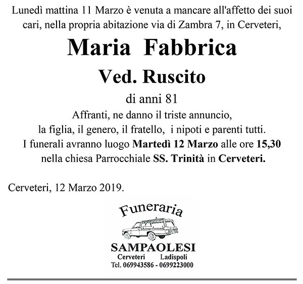 MARIA FABBRICA Ved. RUSCITO di anni 81