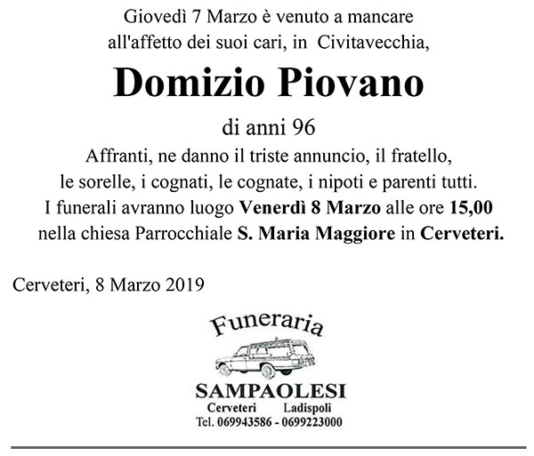 DOMIZIO PIOVANO di anni 96