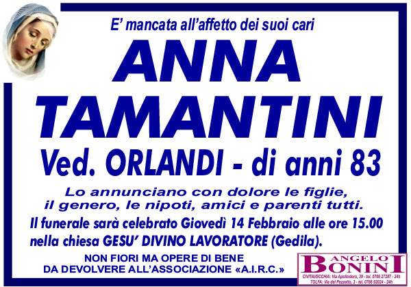 ANNA TAMANTINI Ved. ORLANDI di anni 83