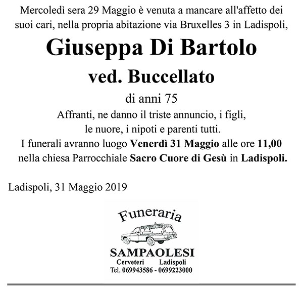 GIUSEPPA DI BARTOLO Ved. BUCCELLATO di anni 75