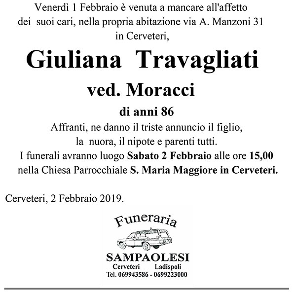 GIULIANA TRAVAGLIATI Ved. MORACCI di anni 86