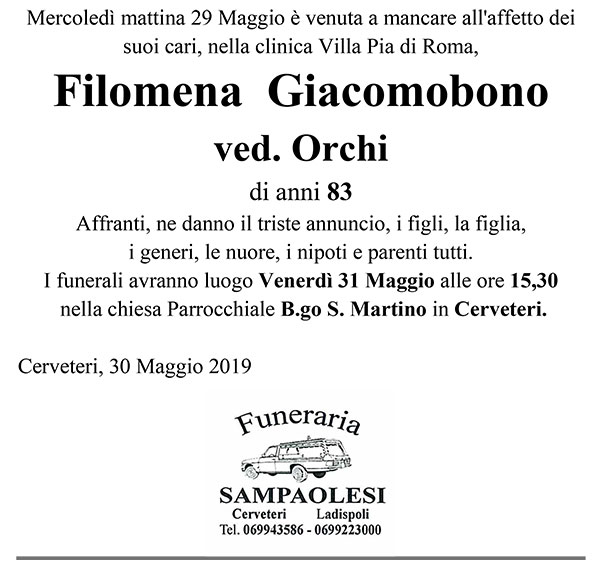 FILOMENA GIACOMOBONO Ved. ORCHI di anni 83