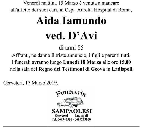 AIDA IAMUNDO Ved. D'AVI di anni 85
