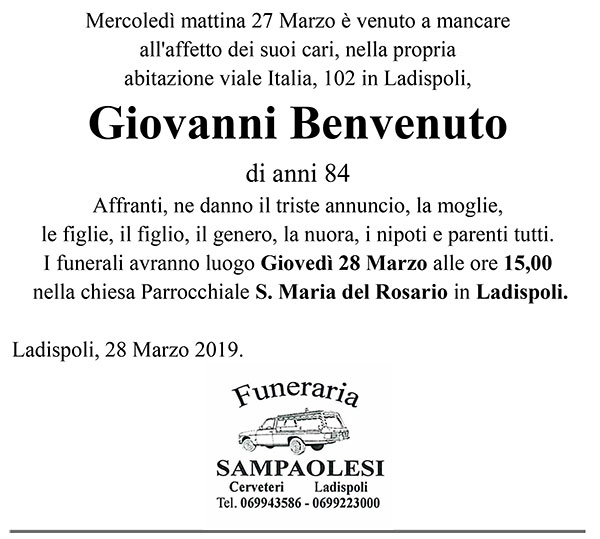 GIOVANNI BENVENUTO di anni 84