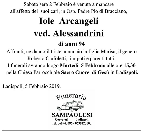 IOLE ARCANGELI Ved. ALESSANDRINI di anni 94