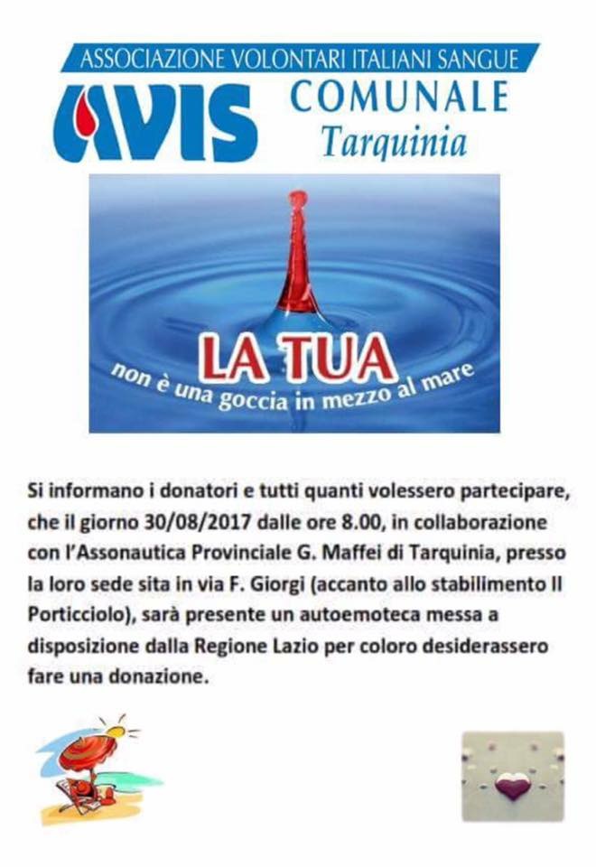 Avis Tarquinia, il 30 agosto donazione presso l'Assonautica
