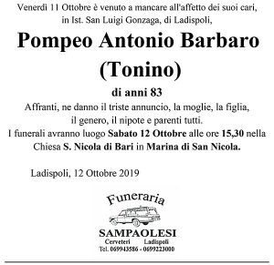 POMPEO ANTONIO BARBARO (Tonino) di anni 83
