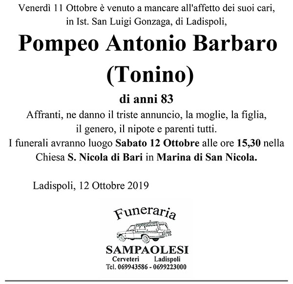 POMPEO ANTONIO BARBARO (Tonino) di anni 83