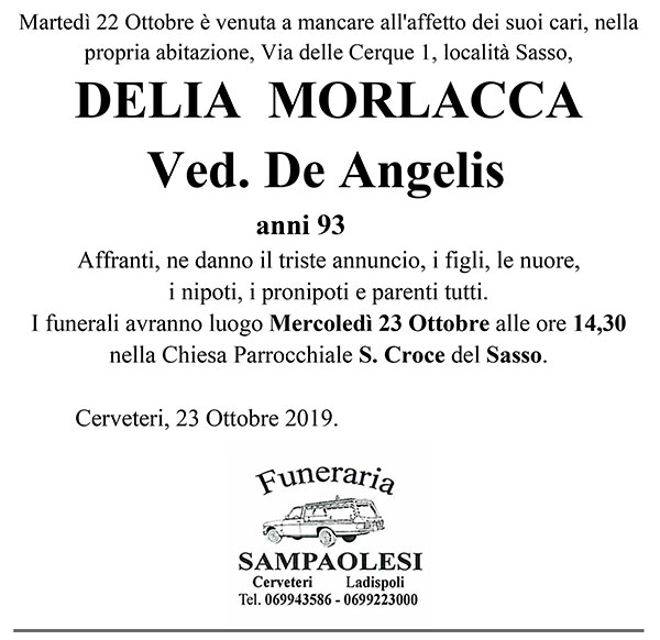 DELIA MORLACCA Ved. DE ANGELIS di anni 93