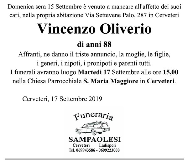 VINCENZO OLIVERIO di anni 88