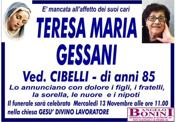TERESA MARIA GESSANI Ved. CIBELLI di anni 85
