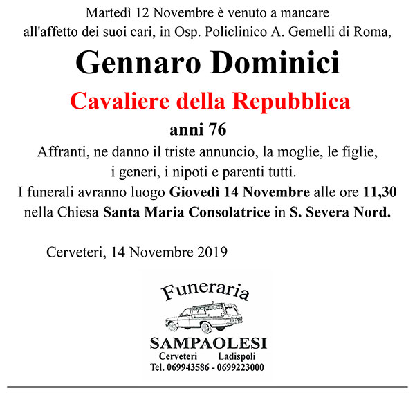 GENNARO DOMINICI “Cavaliere della Repubblica” di anni 76
