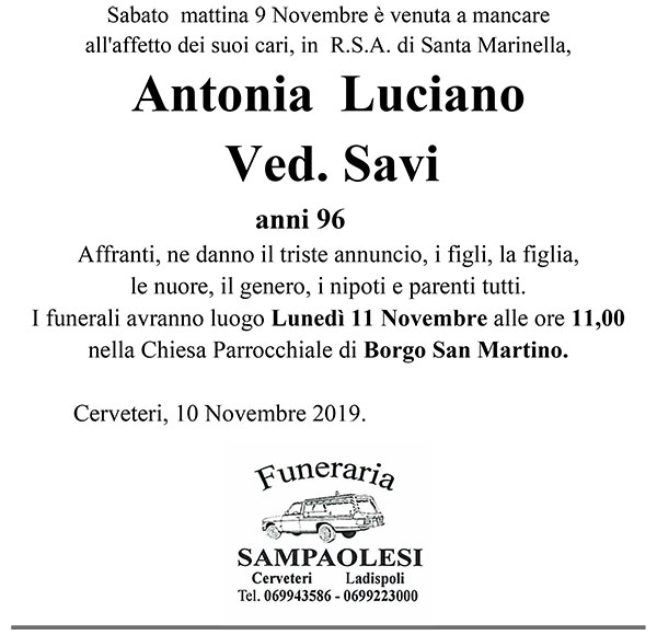 ANTONIA LUCIANO Ved. SAVI di anni 96