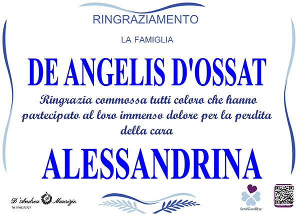 ALESSANDRINA DE ANGELIS D’OSSAT – Ringraziamento