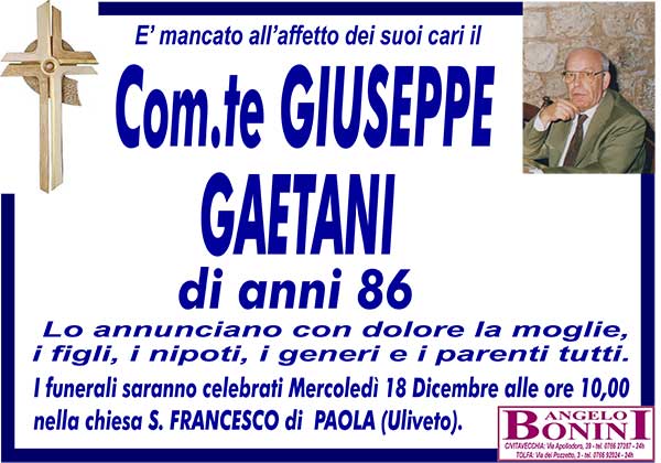 Com.te GIUSEPPE GAETANI di anni 86