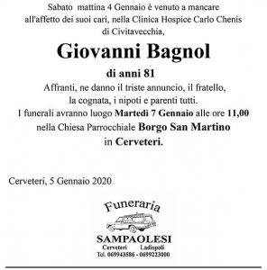 GIOVANNI BAGNOL di anni 81