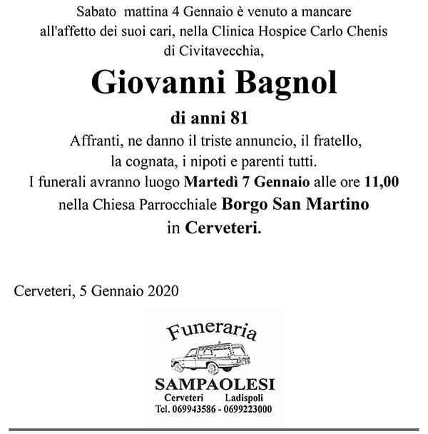GIOVANNI BAGNOL di anni 81