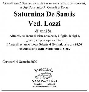 SATURNINA DE SANTIS Ved. LOZZI – di anni 81