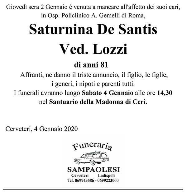 SATURNINA DE SANTIS Ved. LOZZI – di anni 81