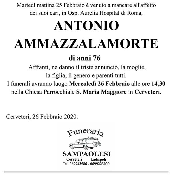 ANTONIO AMMAZZALAMORTE di anni 76