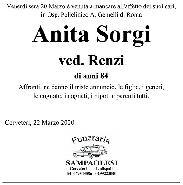 ANITA SORGI Ved. RENZI di anni 84