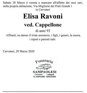 ELISA RAVONI Ved. CAPPELLONE di anni 93