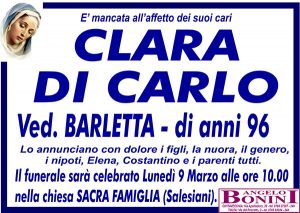 CLARA DI CARLO Ved. BARLETTA di anni 96