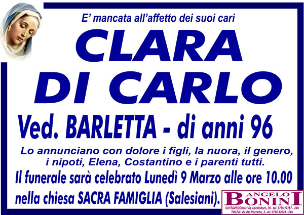 CLARA DI CARLO Ved. BARLETTA di anni 96