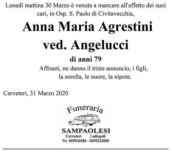 ANNA MARIA AGRESTINI Ved. ANGELUCCI di anni 79