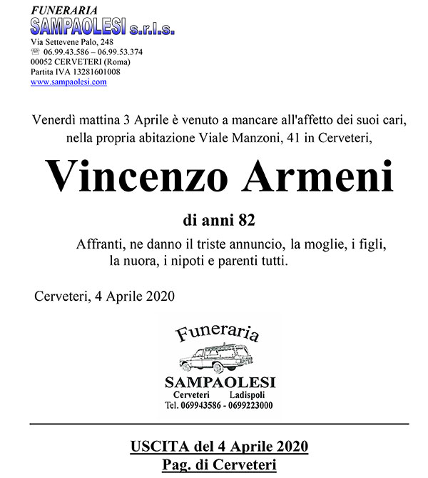 VINCENZO ARMENI di anni 82