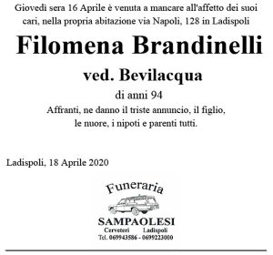 FILOMENA BRANDINELLI Ved. BEVILACQUA di anni 94