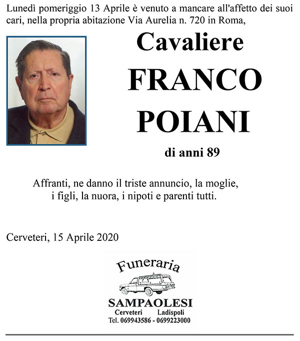 Cav. FRANCO POIANI di anni 89
