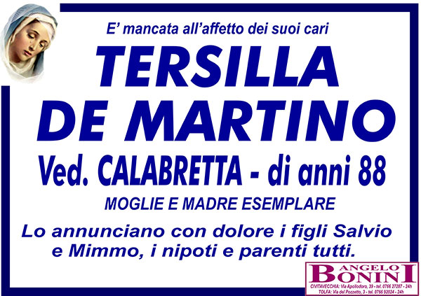 TERSILLA DE MARTINO Ved. CALABRETTA di anni 88