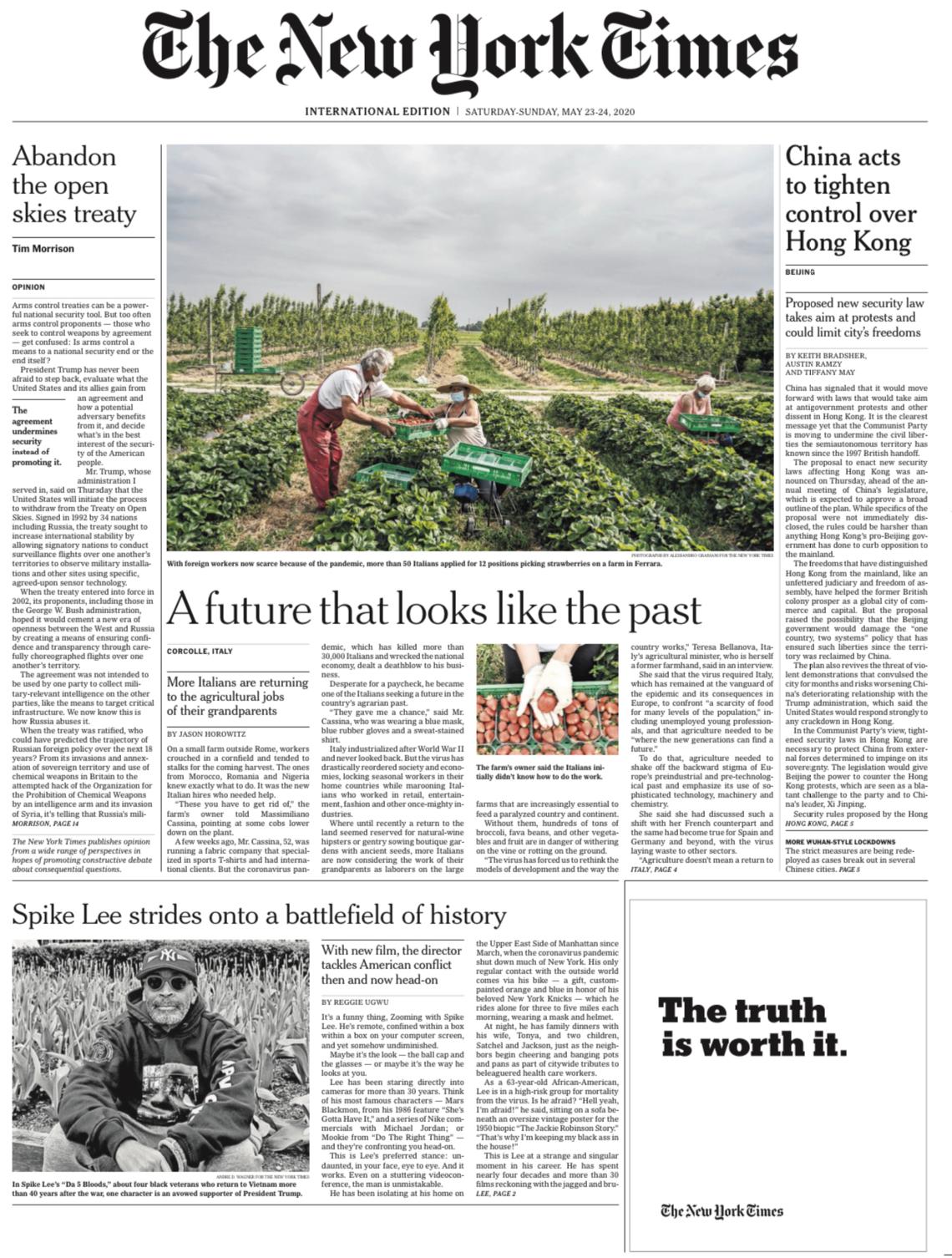 La Ministra Bellanova sulla prima pagina del New York Times