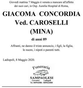 GIACOMA CONCORDIA ved. CAROSELLI (MINA) di anni 89