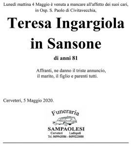 TERESA INGARGIOLA in SANSONE di anni 81