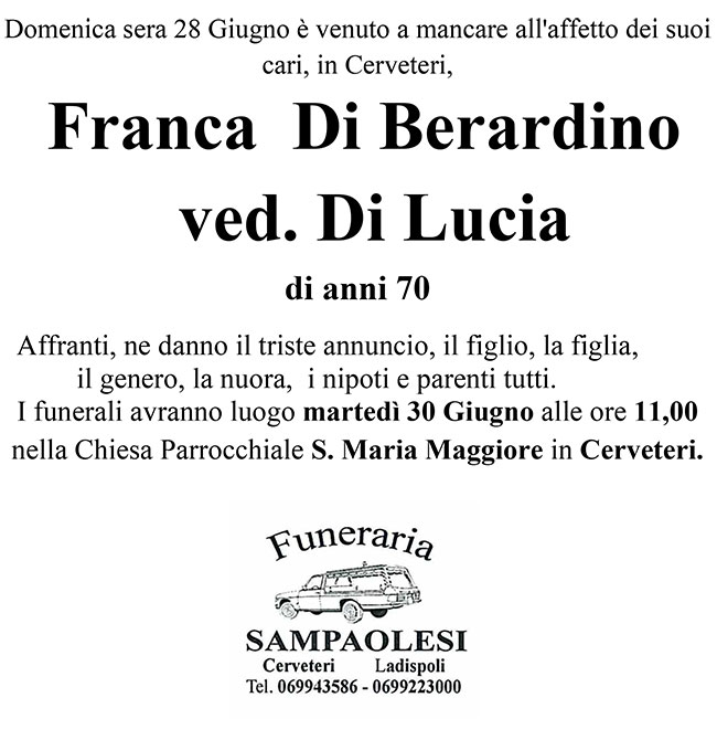 FRANCA DI BERARDINO Ved. DI LUCIA di anni 70