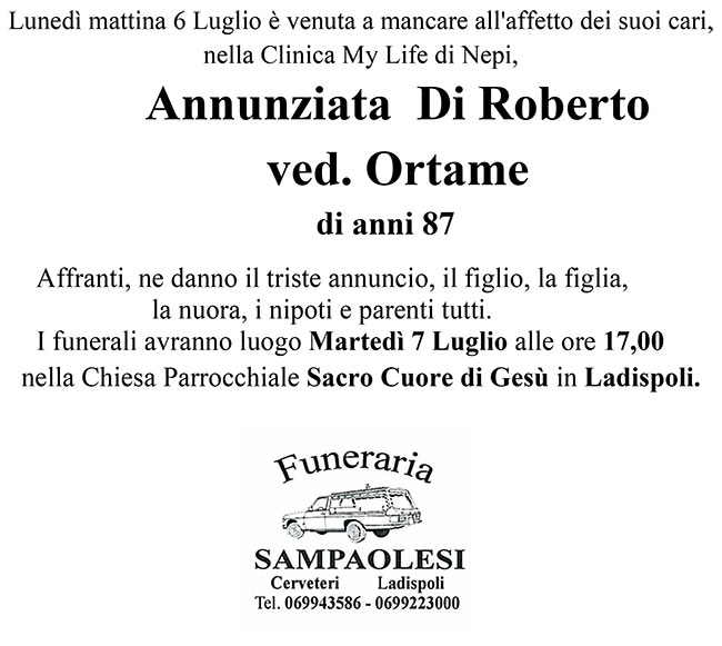 ANUNZIATA DI ROBERTO ved. ORTAME di anni 87