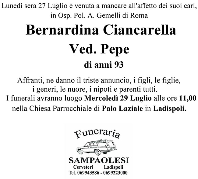 BERNARDINA CIANCARELLA ved. PEPE di anni 93