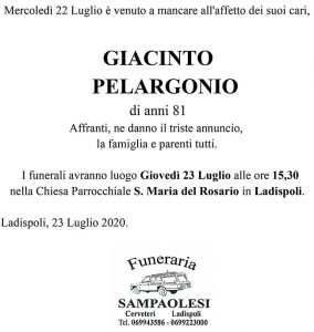 GIACINTO PELARGONIO di anni 81