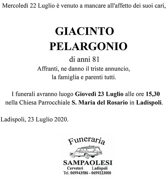 GIACINTO PELARGONIO di anni 81