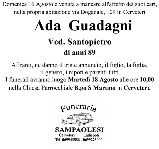 ADA GUADAGNI ved. SANTOPIETRO di anni 89