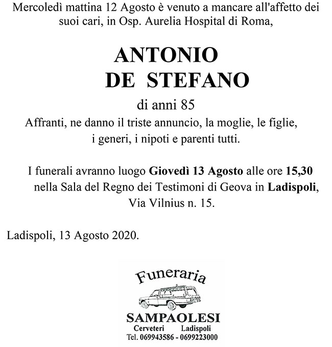 ANTONIO DE STEFANO di anni 85