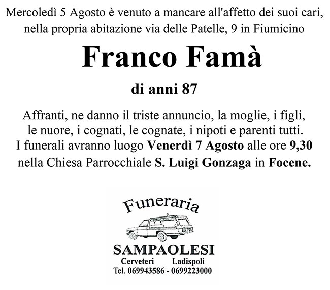 FRANCO FAMÀ di anni 87