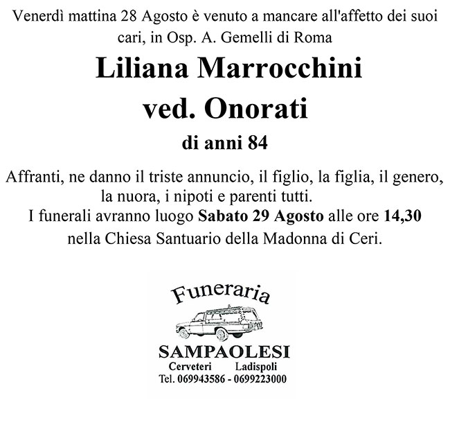 LILIANA MARROCHINI ved. ONORATI di anni 84