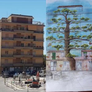 Allumiere, un grande faggio dipinto sulla facciata del palazzo di piazza della Repubblica